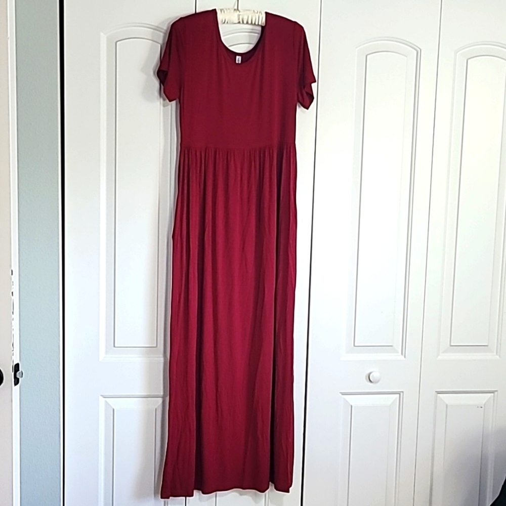 Cranberry colored jersey knit Maxi dress
